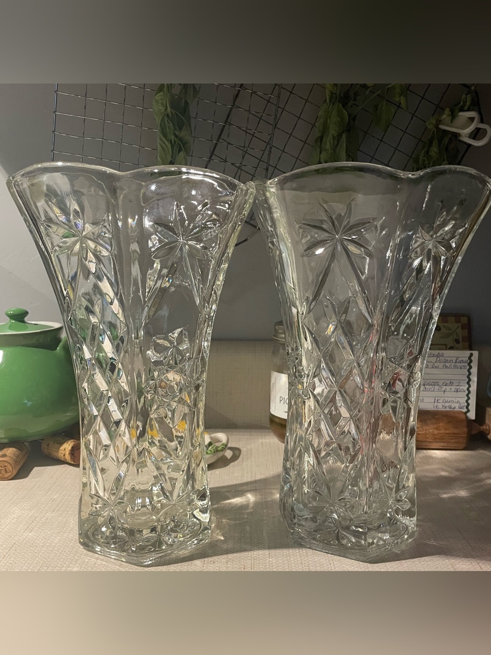 2 Large Vases with a beautiful cut design 10” H